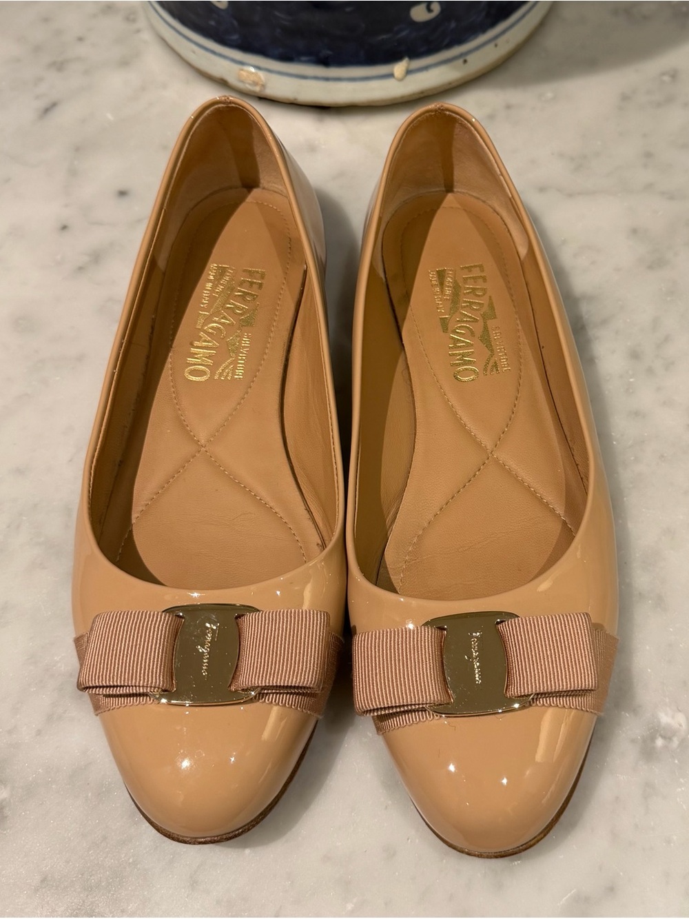 Salvatore Ferragamo Beige Patent Varina Bow Flats